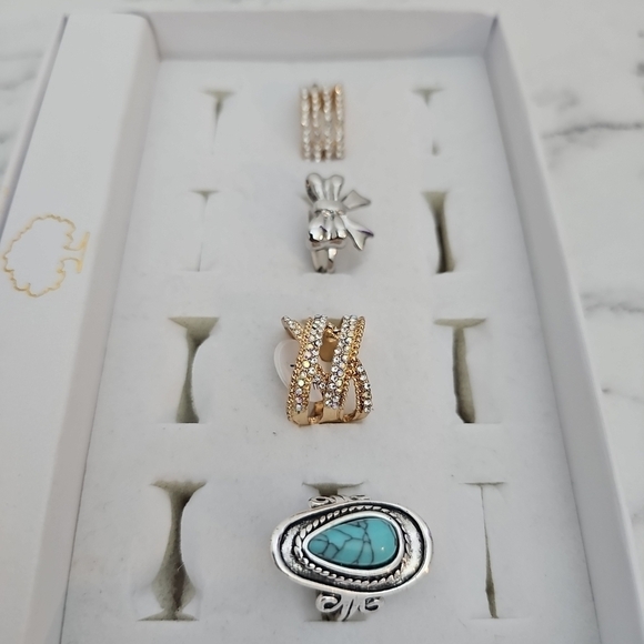 4 Pc Fashion Ring Set Gold Rinhestone Silver Bow Blue Southwestern Stone - Picture 3 of 9